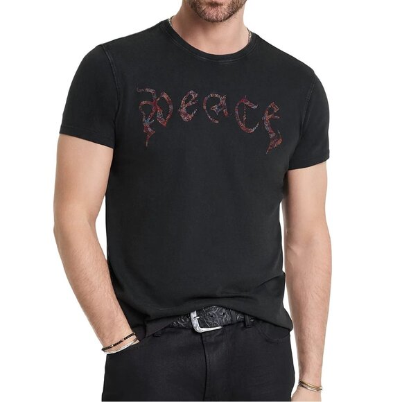 John Varvatos Men's Peace Embroidered Goth Script Graphic Crew T-Shirt Charcoal - Picture 1 of 7